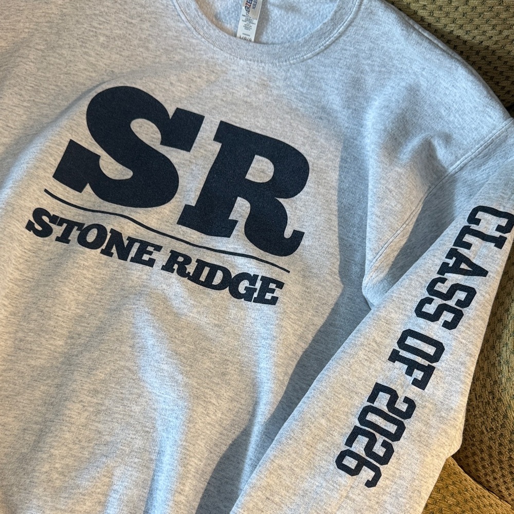Jerzees Gray Crewneck with Navy Stone Ridge Logo and Sleeve Text